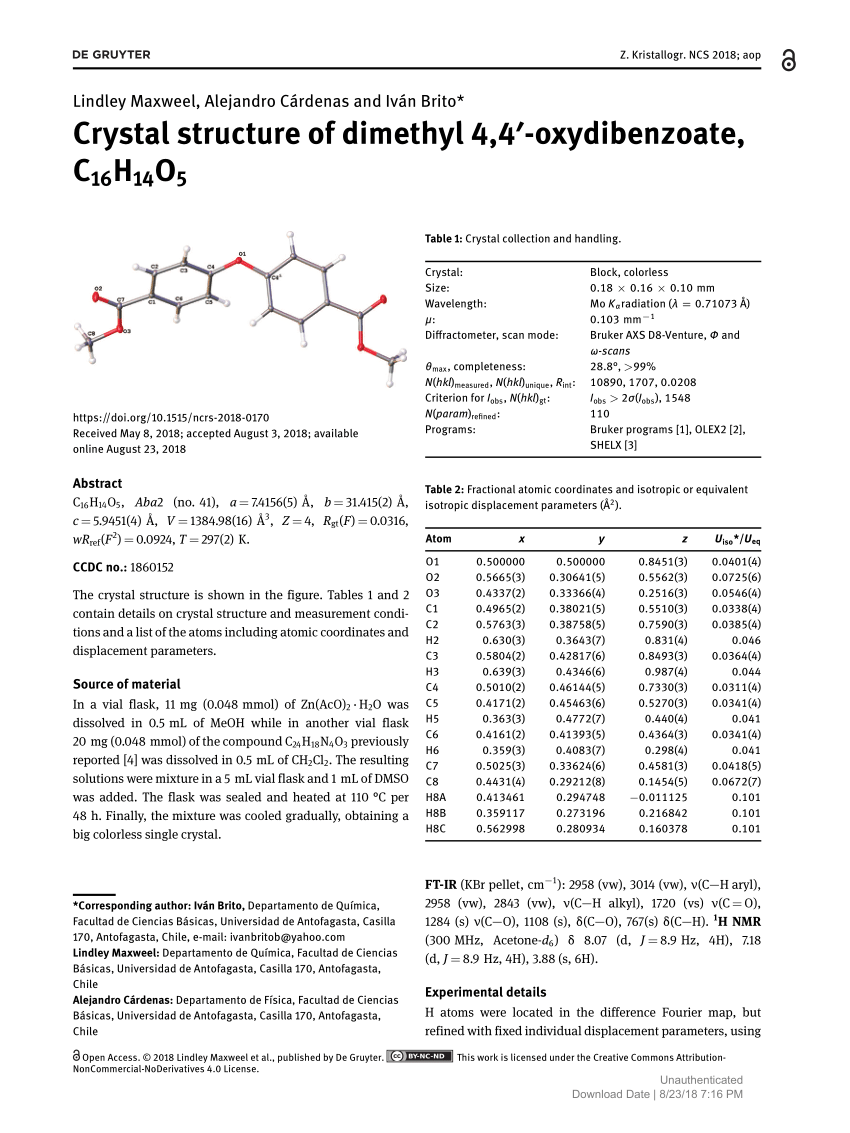 Pdf Crystal Structure Of Dimethyl 4 4 Oxydibenzoate C16h14o5