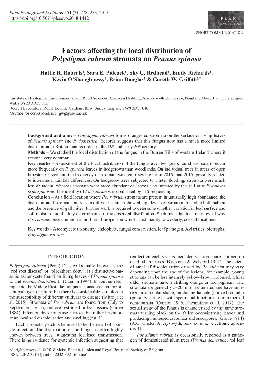 Pdf Factors Affecting The Local Distribution Of Polystigma Rubrum Stromata On Prunus Spinosa