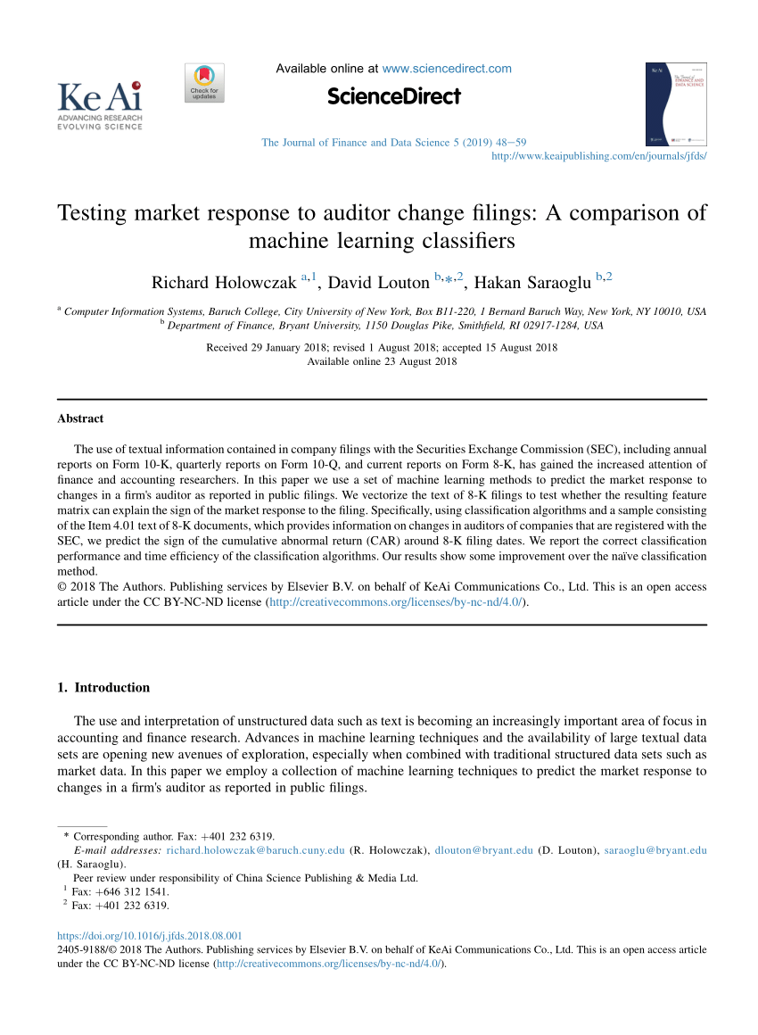 Pdf Testing Market Response To Auditor Change Filings A Comparison Of Machine Learning Classifiers