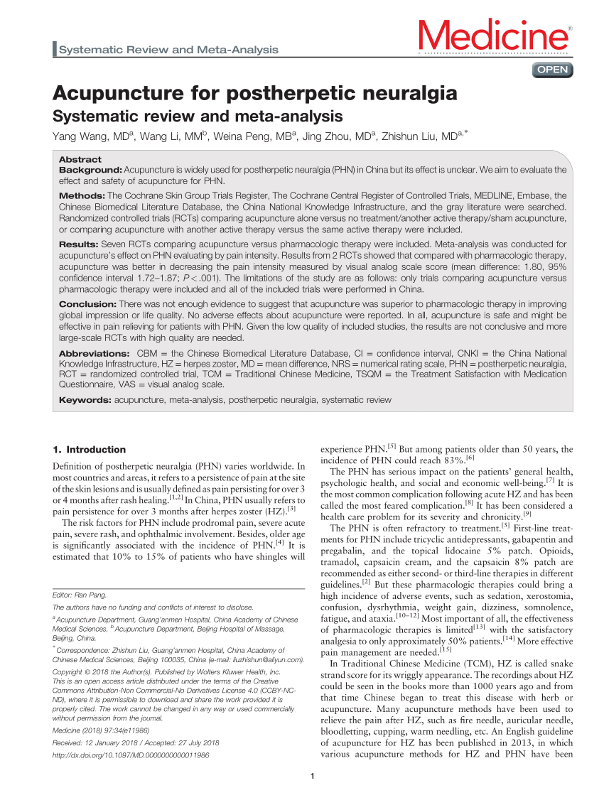 PDF) Acupuncture for postherpetic neuralgia: Systematic review and