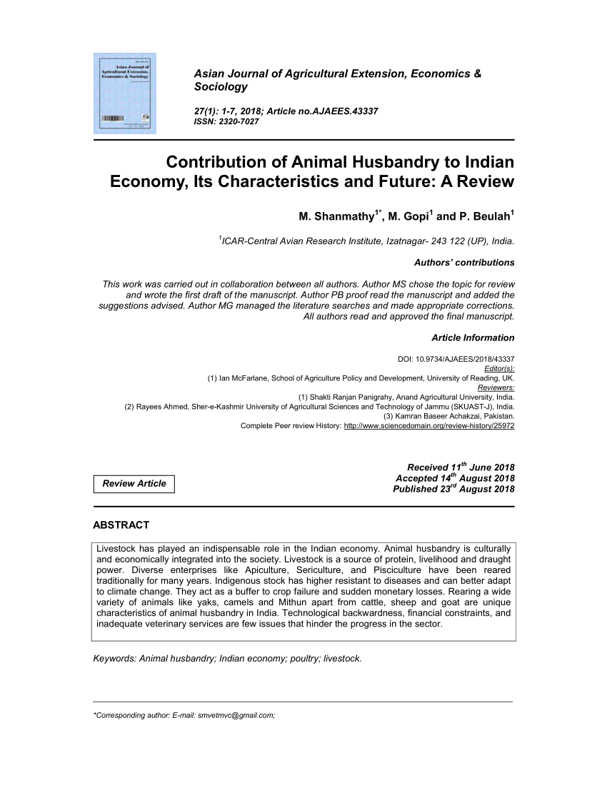 PDF) Contribution of Animal Husbandry to Indian Economy, Its  Characteristics and Future: A Review