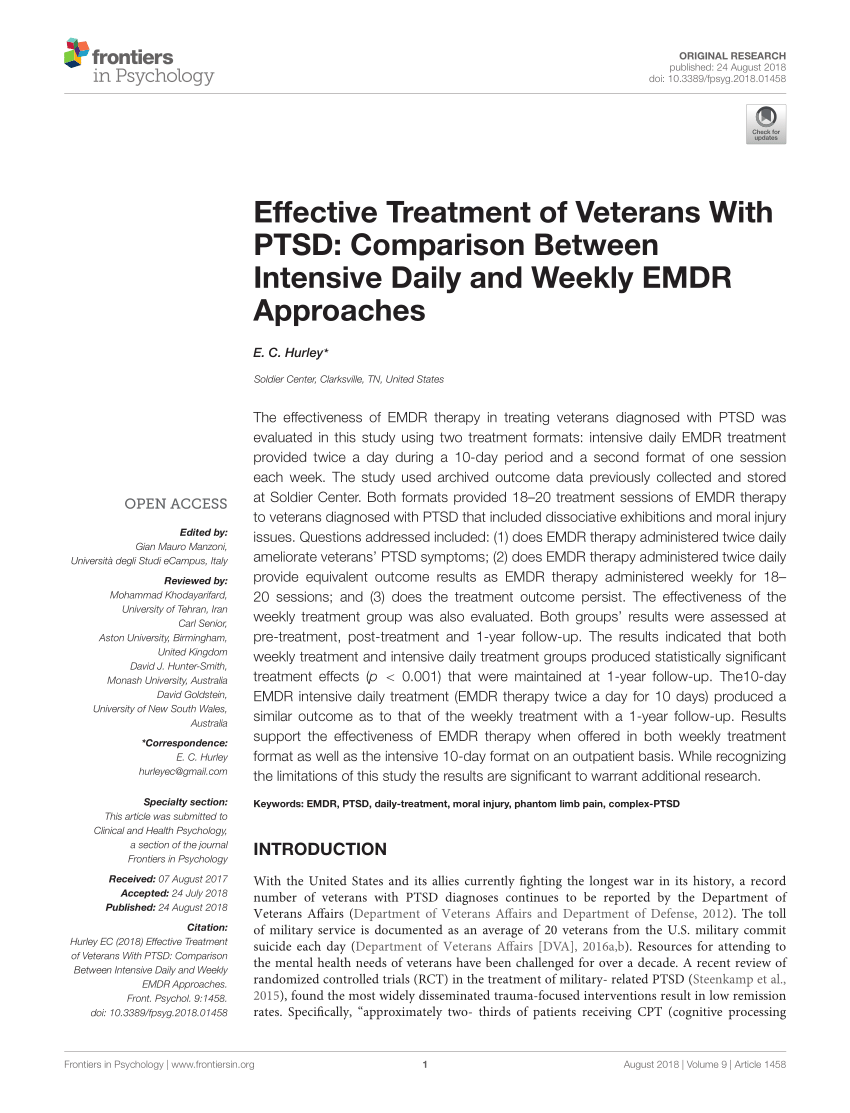 Pdf) Effective Treatment Of Veterans With Ptsd: Comparison Between  Intensive Daily And Weekly Emdr Approaches