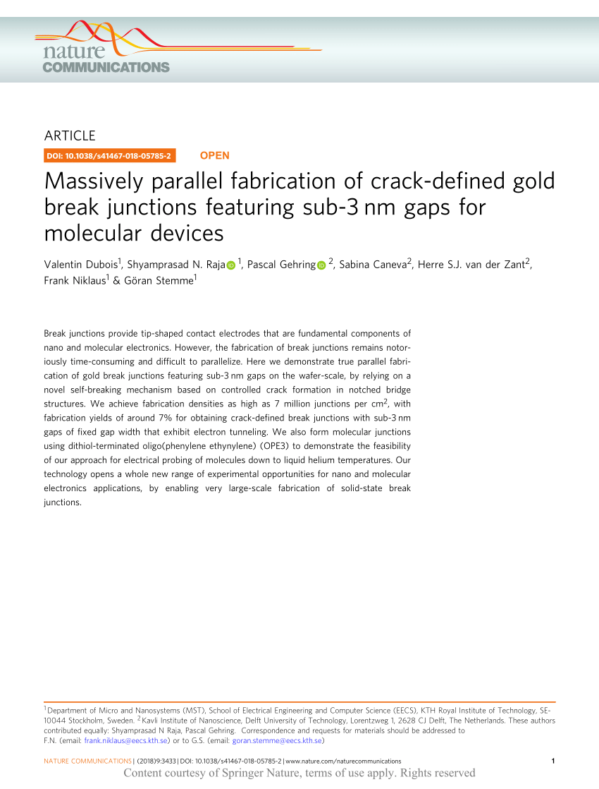 Pdf Massively Parallel Fabrication Of Crack Defined Gold Break Junctions Featuring Sub 3 Nm Gaps For Molecular Devices