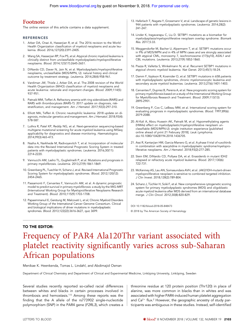 Pdf Frequency Of Par4 Ala1thr Variant Associated With Platelet Reactivity Significantly Varies Across Sub Saharan African Populations