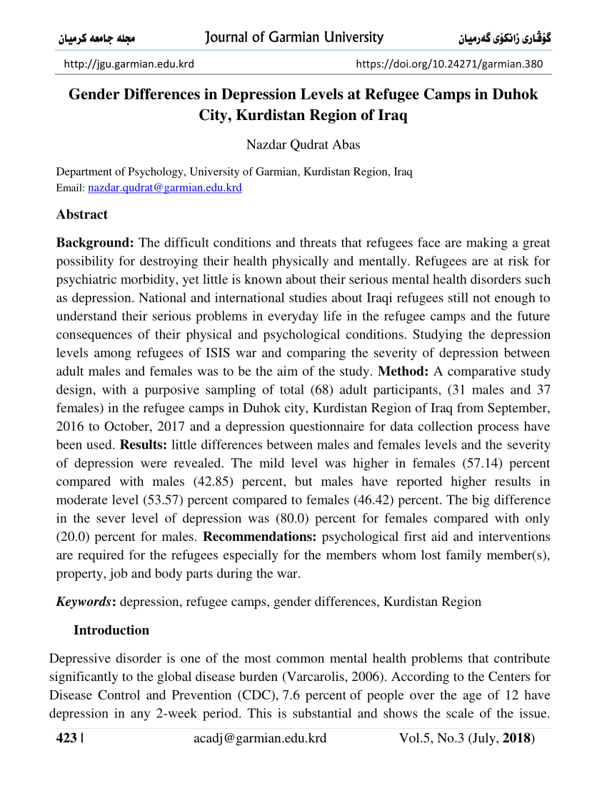 PDF Gender Differences in Depression Levels at Refugee Camps in  