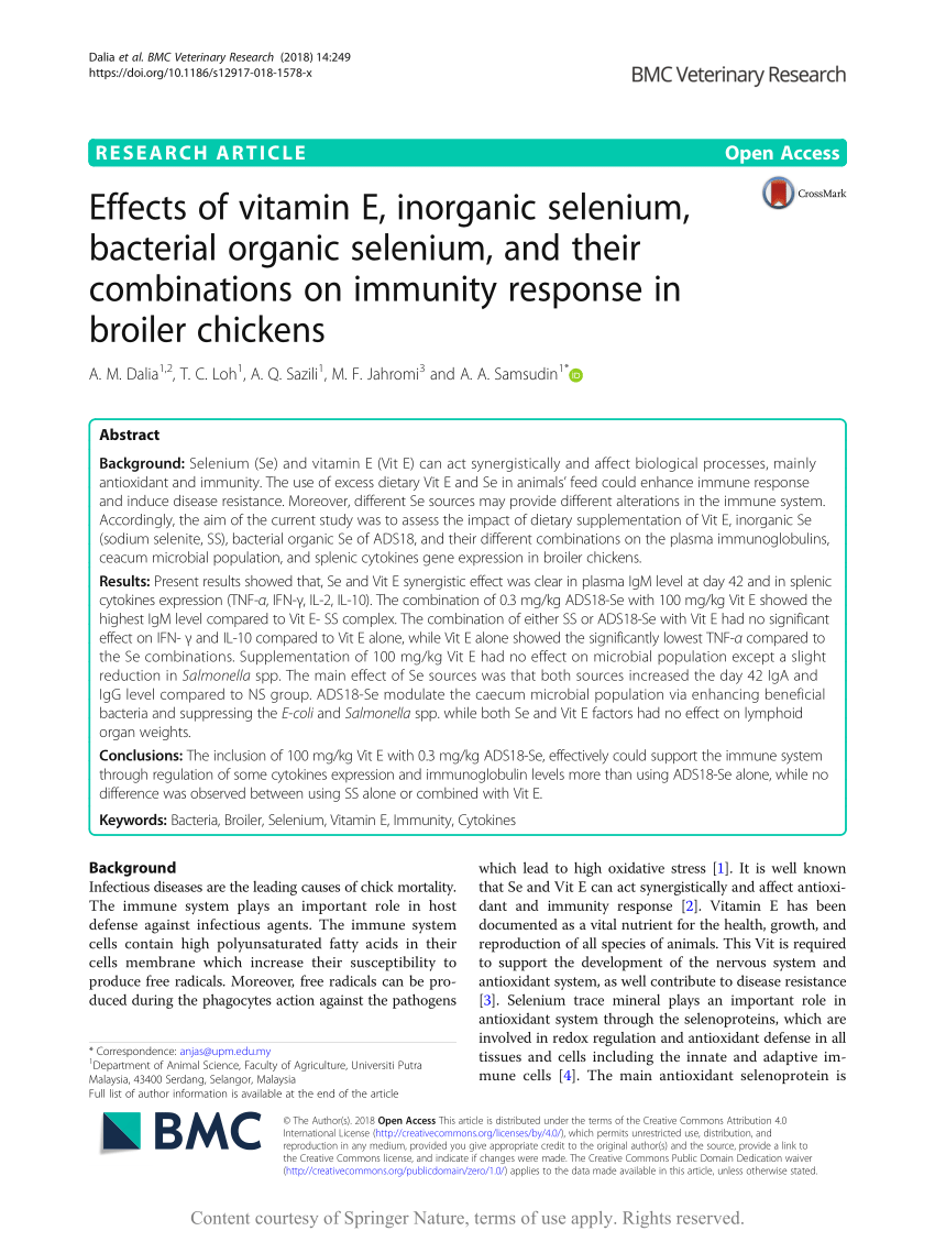 Pdf Effects Of Vitamin E Inorganic Selenium Bacterial Organic Selenium And Their Combinations On Immunity Response In Broiler Chickens
