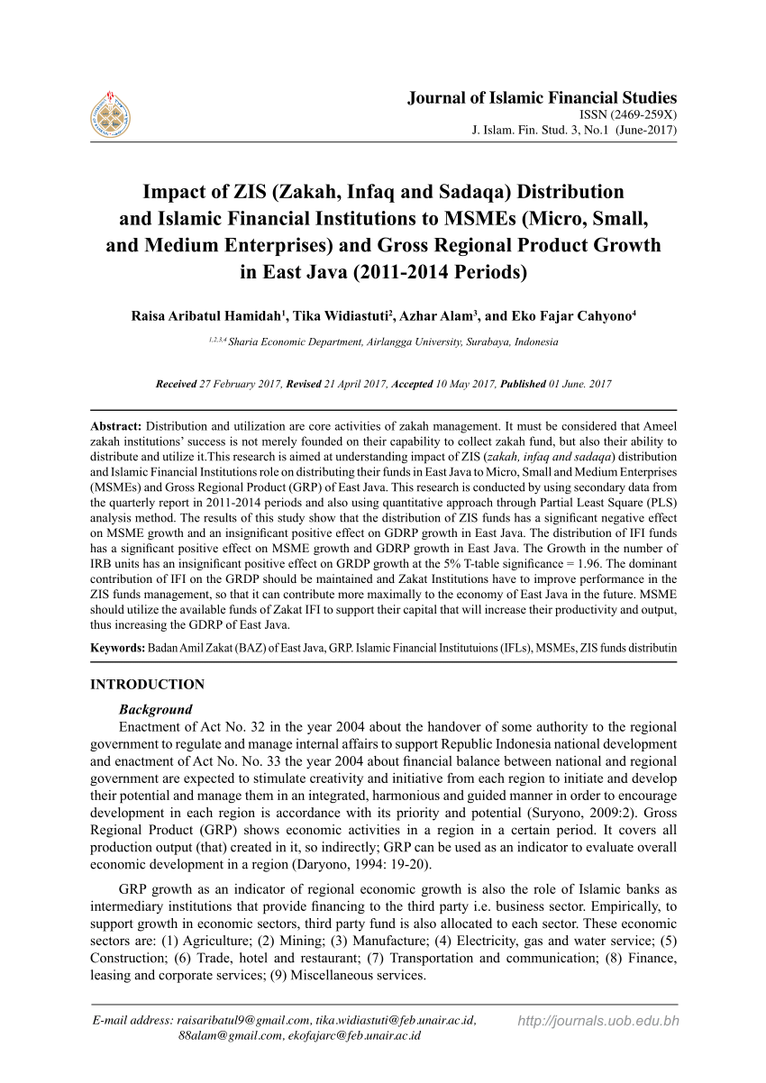 Pdf Impact Of Zis Zakah Infaq And Sadaqa Distribution And Islamic Financial Institutions To Msmes Micro Small And Medium Enterprises And Gross Regional Product Growth In East Java 11 14 Periods
