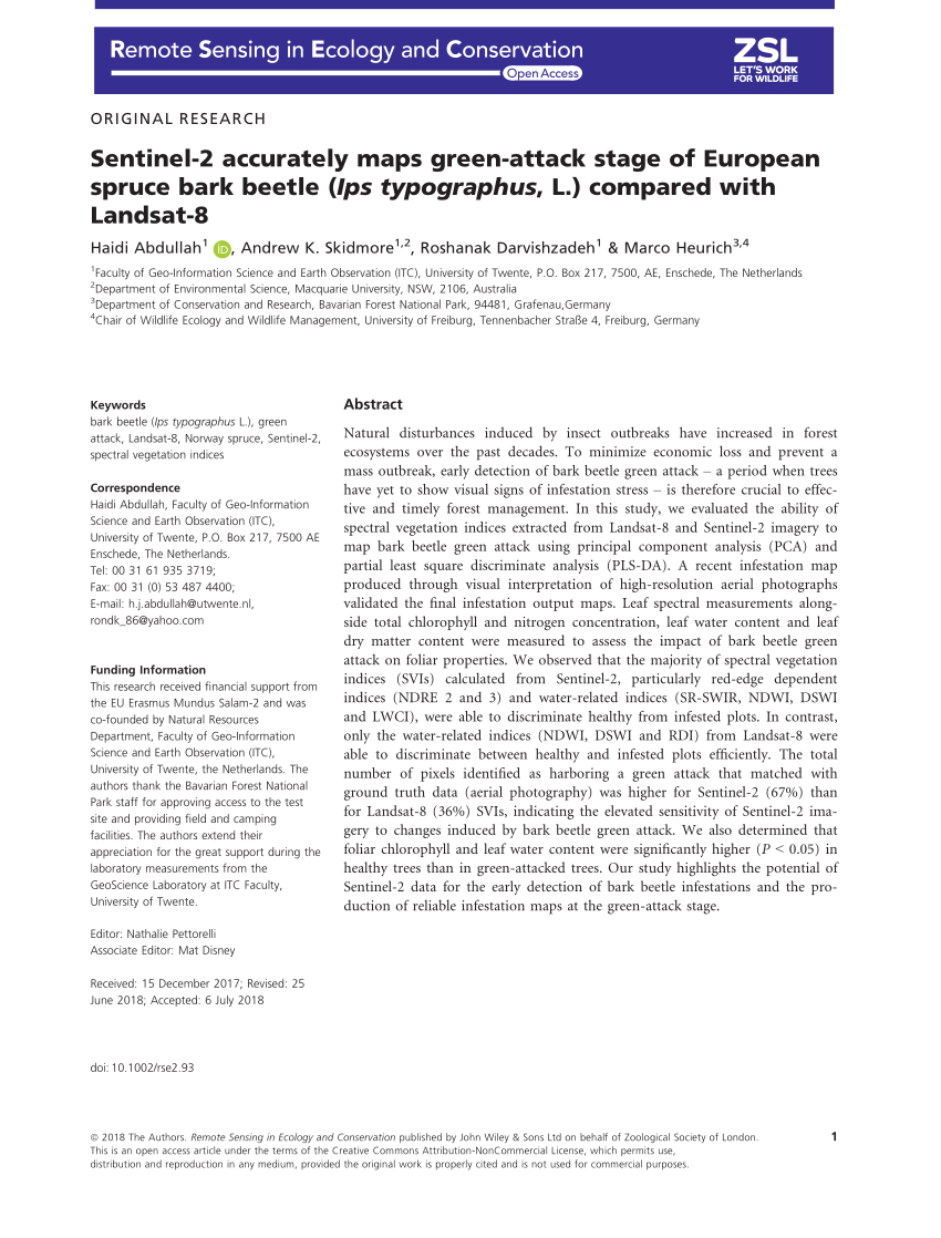 Pdf Sentinel 2 Accurately Maps Green Attack Stage Of European Spruce Bark Beetle Ips Typographus L Compared With Landsat 8