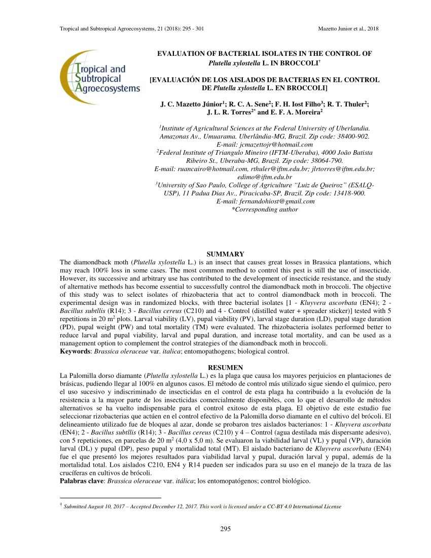 Pdf Evaluation Of Bacterial Isolates In The Control Of Plutella Xylostella L In Broccoli