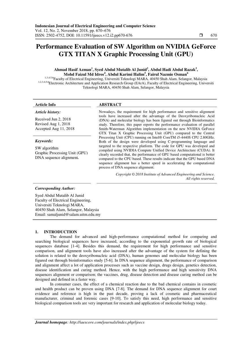 (PDF) Performance evaluation of SW algorithm on NVIDIA geforce GTX