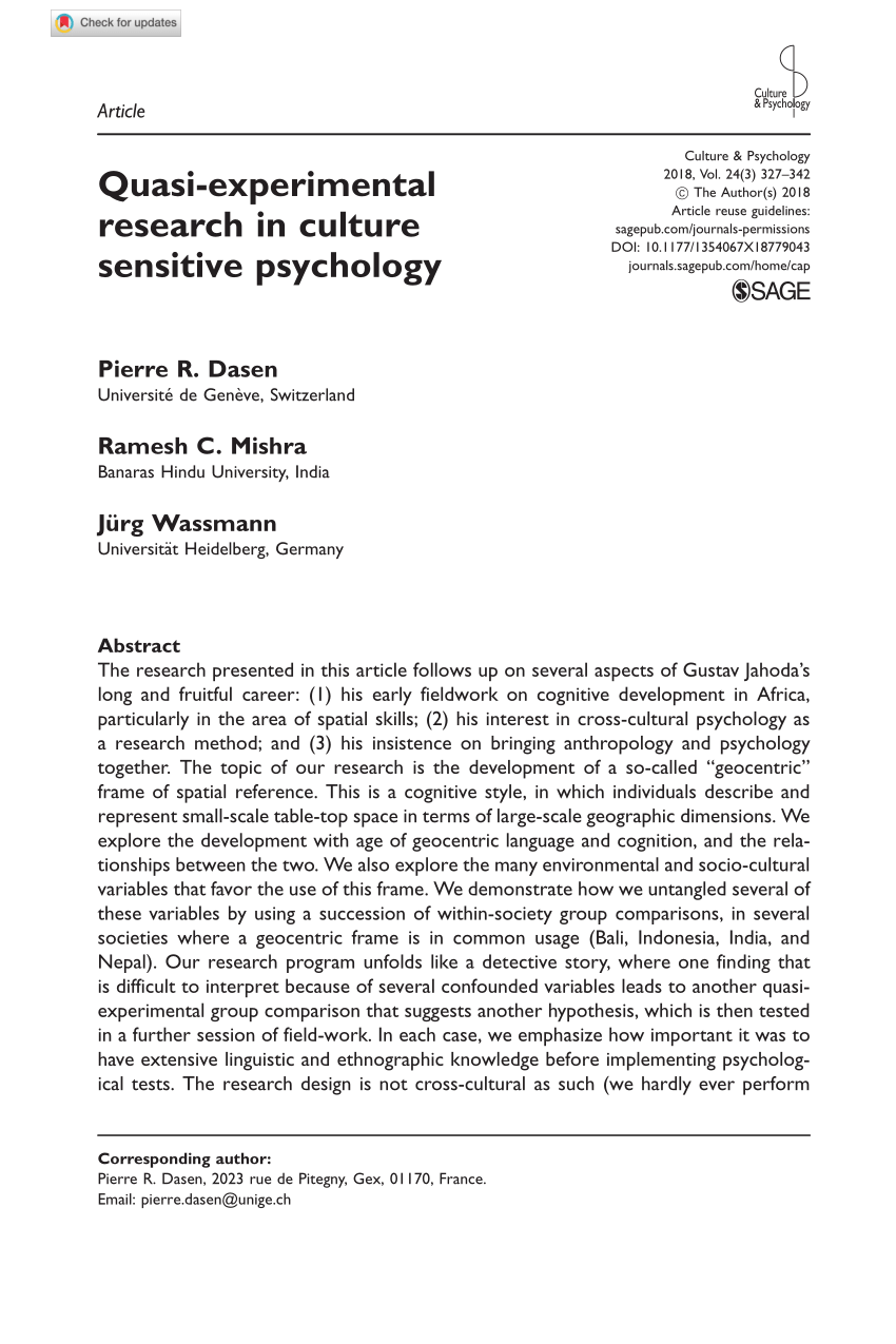 PDF Quasi experimental research in culture sensitive psychology