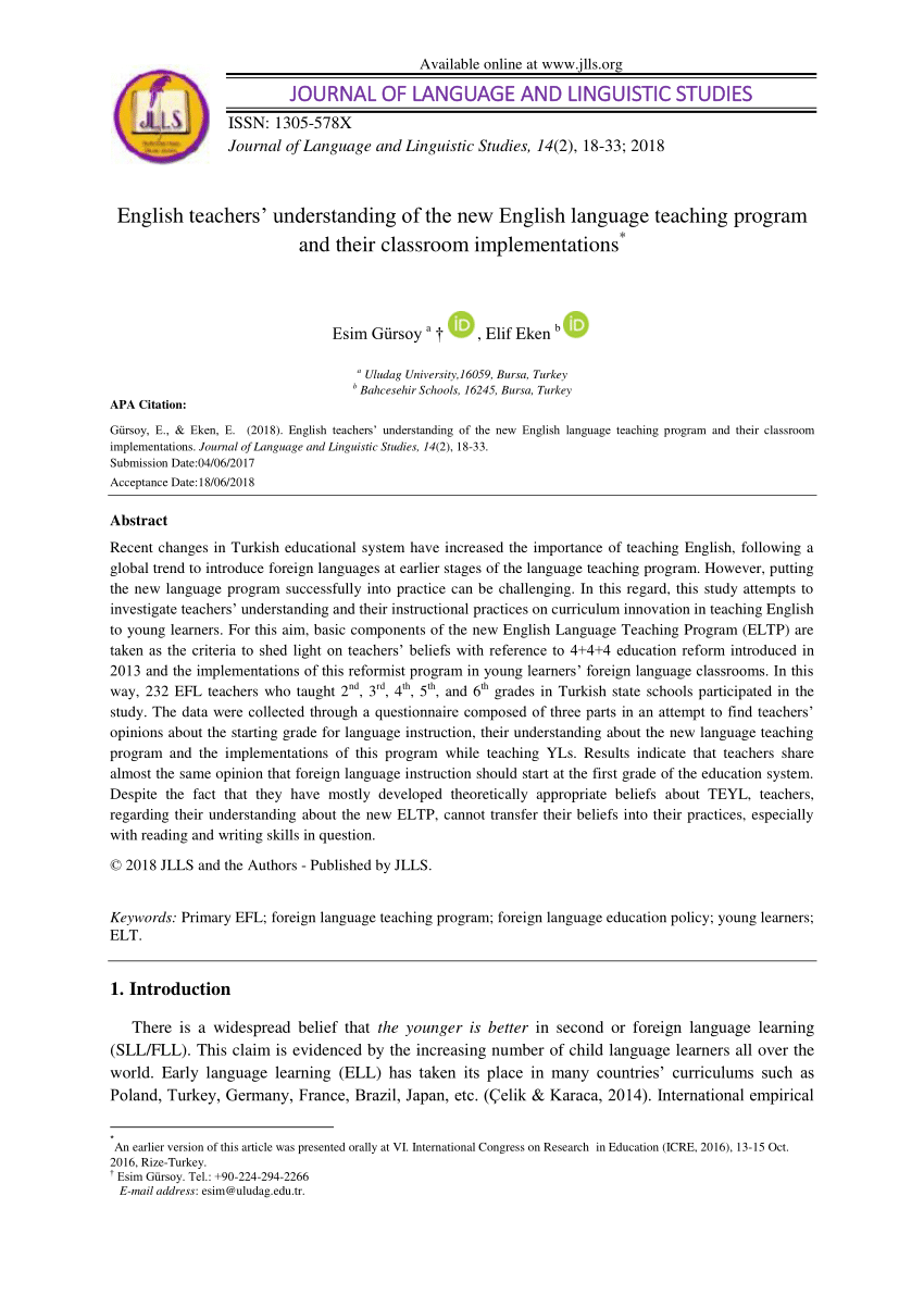 Pdf English Teachers Understanding Of The New English Language Teaching Program And Their Classroom Implementations