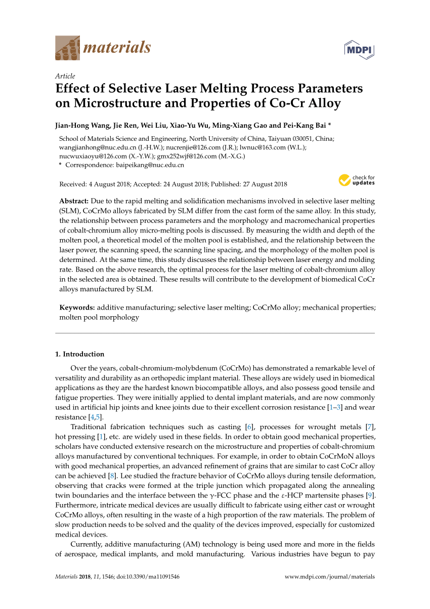 Pdf Effect Of Selective Laser Melting Process Parameters On Microstructure And Properties Of Co Cr Alloy