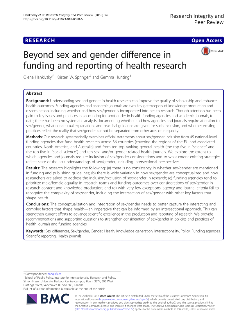Pdf Beyond Sex And Gender Difference In Funding And Reporting Of Health Research 3280
