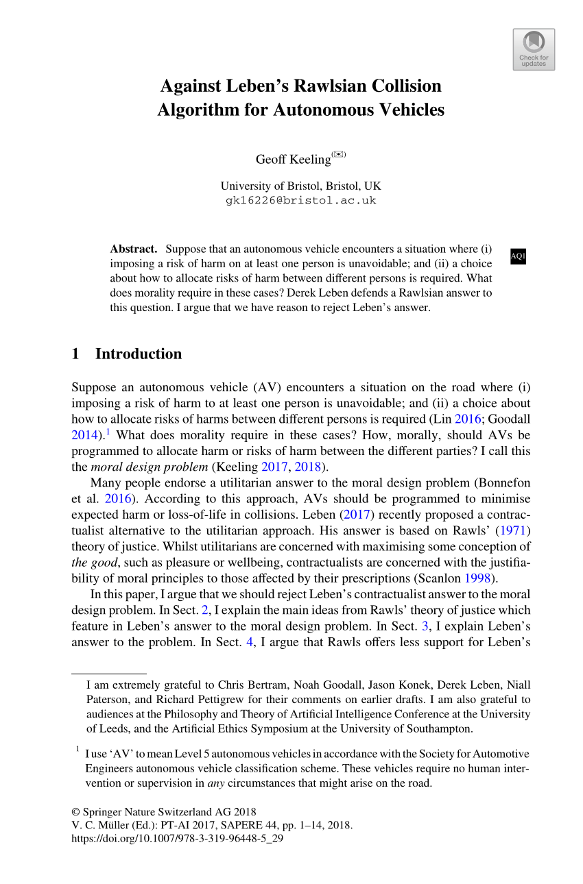 PDF) Leben's Rawlsian Collision for Autonomous Vehicles