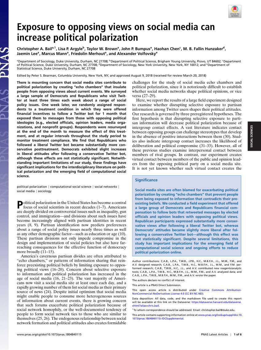 Pdf Exposure To Opposing Views On Social Media Can Increase Political Polarization 