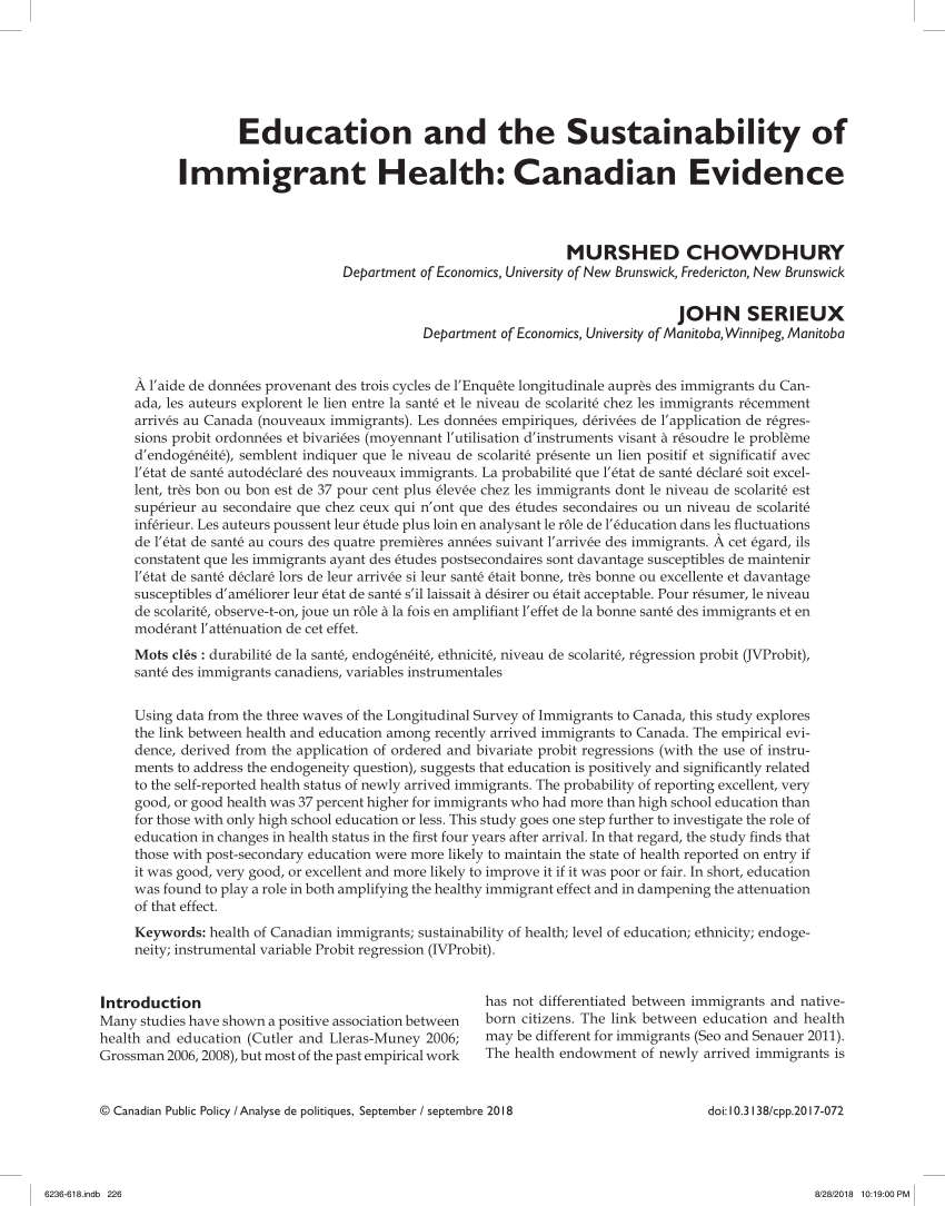 Pdf Education And The Sustainability Of Immigrant Health Canadian Evidence