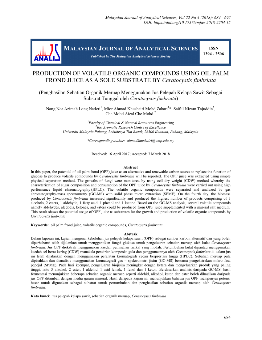 (PDF) MALAYSIAN JOURNAL OF ANALYTICAL SCIENCES PRODUCTION OF VOLATILE