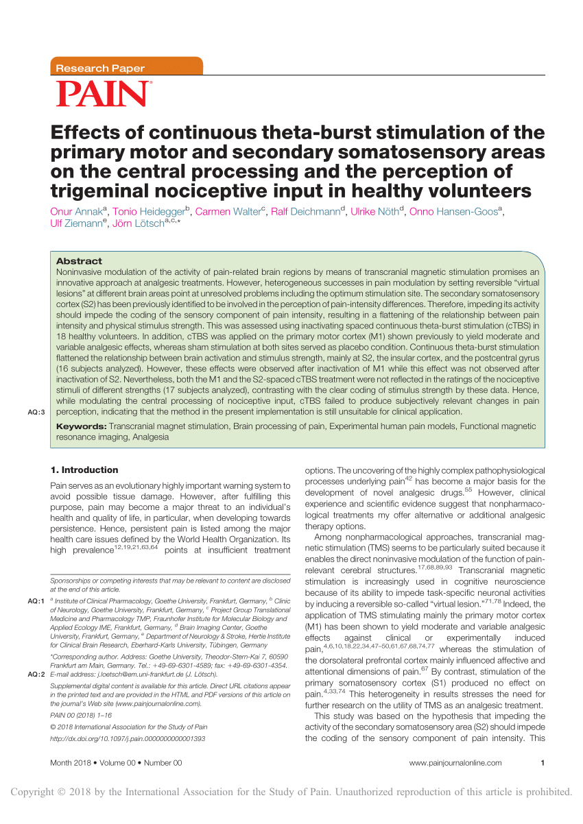 Pdf Effects Of Continuous Theta Burst Stimulation Of The Primary Motor And Secondary Somatosensory Areas On The Central Processing And The Perception Of Trigeminal Nociceptive Input In Healthy Volunteers