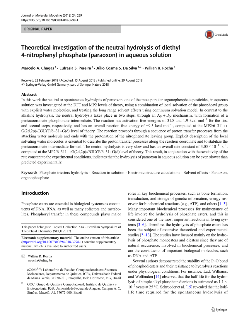 Pdf Theoretical Investigation Of The Neutral Hydrolysis Of Diethyl 4 Nitrophenyl Phosphate Paraoxon In Aqueous Solution