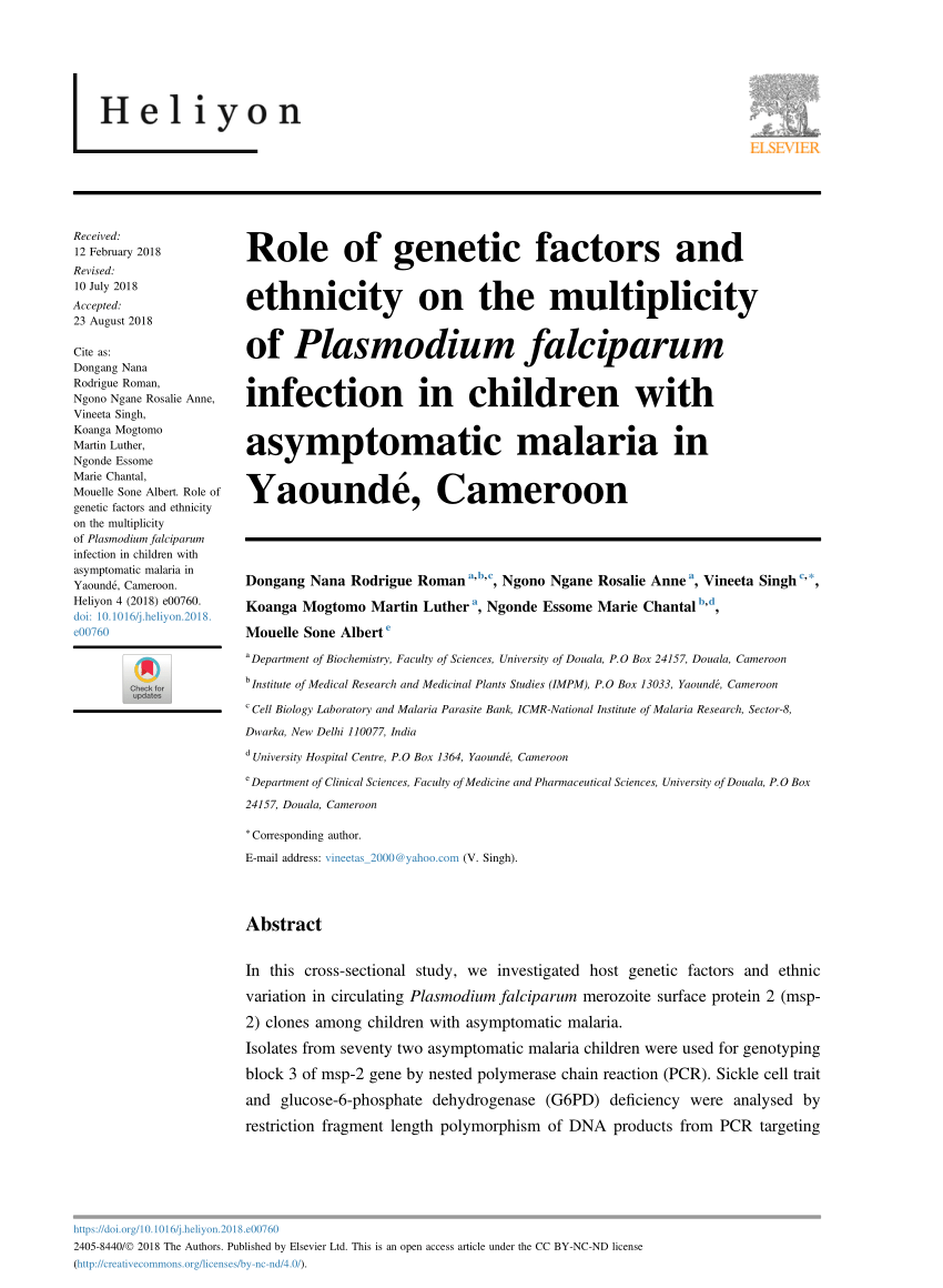 Pdf Role Of Genetic Factors And Ethnicity On The Multiplicity Of Plasmodium Falciparum Infection In Children With Asymptomatic Malaria In Yaounde Cameroon