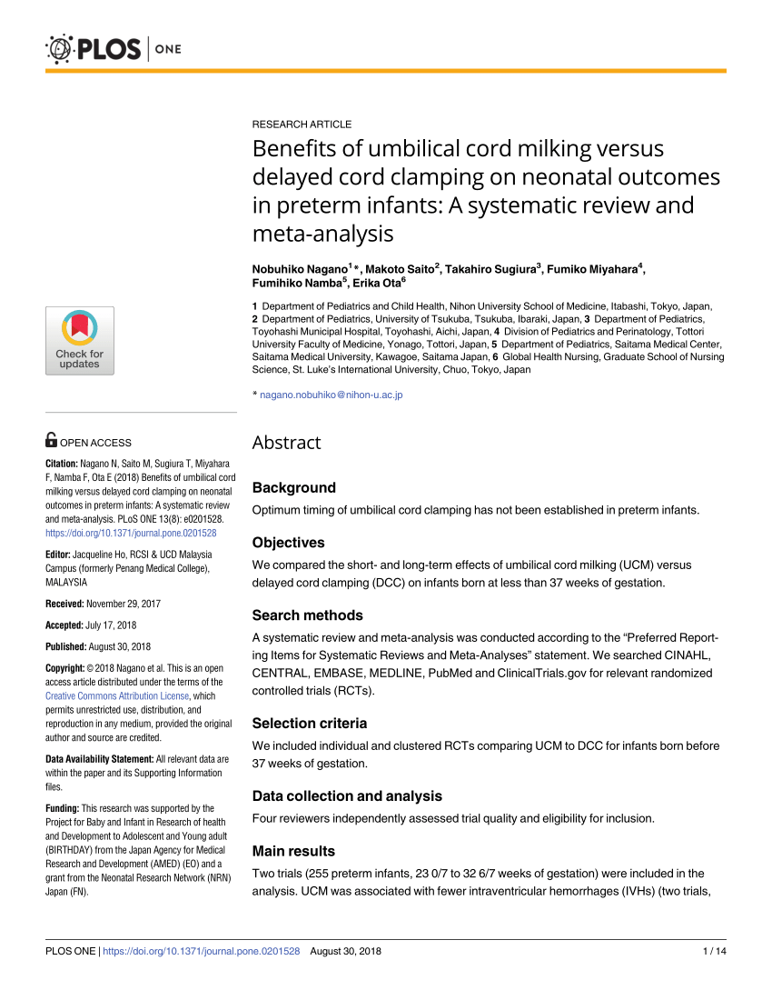 PDF) Benefits of umbilical cord milking versus delayed cord clamping on  neonatal outcomes in preterm infants: A systematic review and meta-analysis