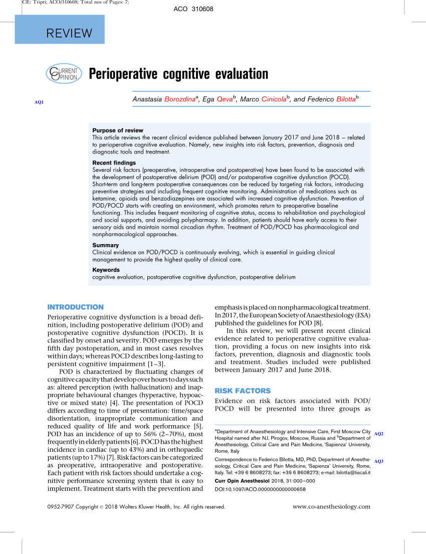 Pdf Perioperative Cognitive Evaluation
