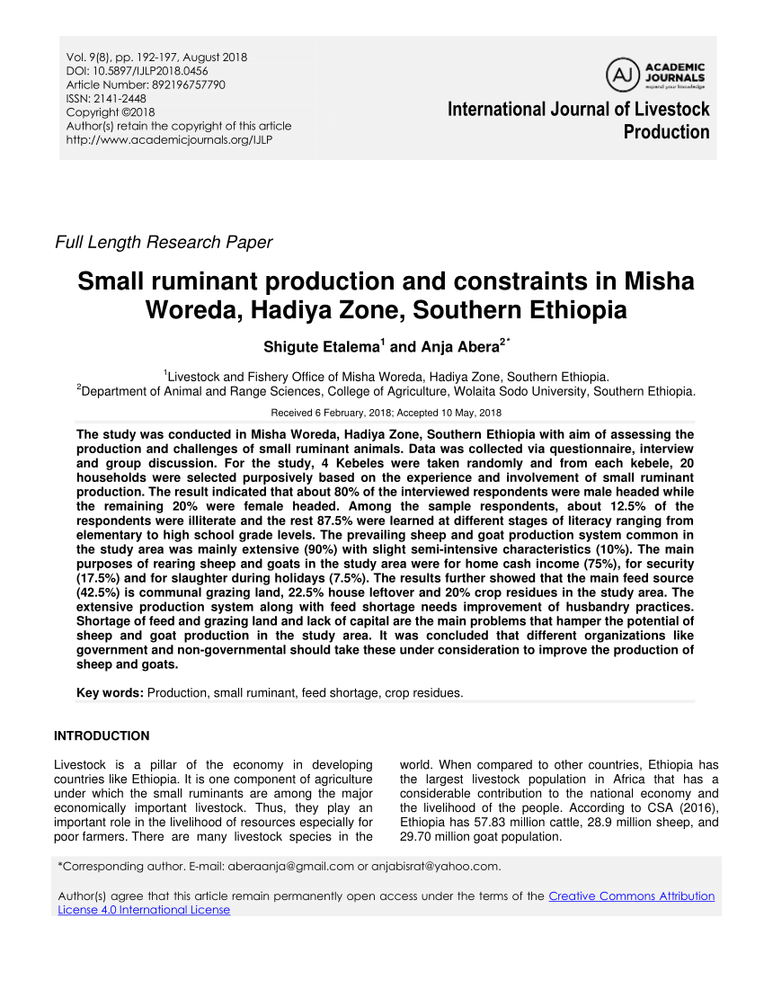 PDF) Small ruminant production and constraints in Misha Woreda, Hadiya  Zone, Southern Ethiopia