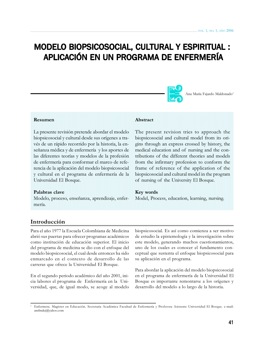 PDF) Modelo Bio-psicosocial, cultural y espiritual: aplicación en un  programa de Enfermería