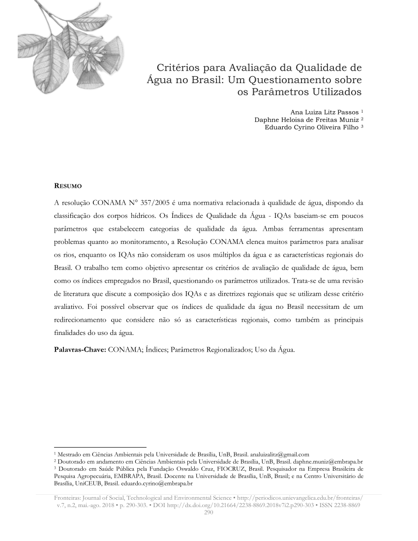 Pdf Critérios Para Avaliação Da Qualidade De Água No Brasil Um Questionamento Sobre Os 8924