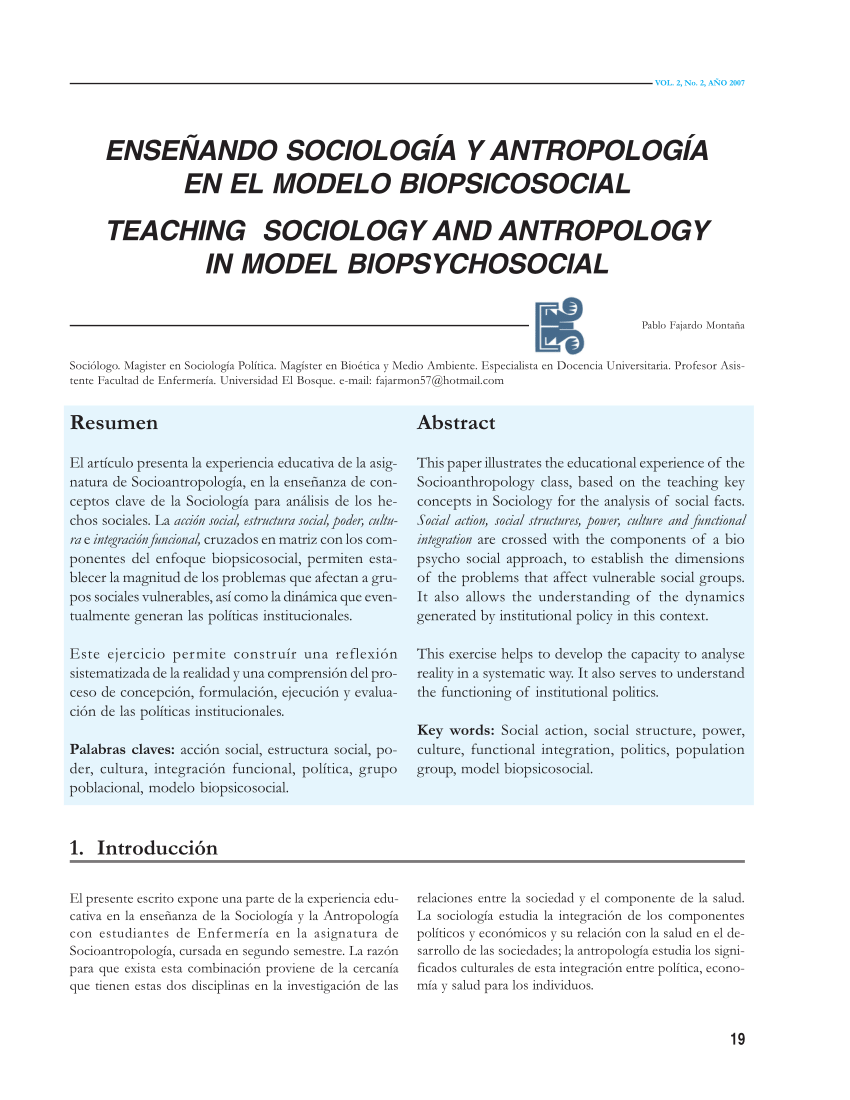 PDF) Enseñando sociología y antropología en el modelo Bio-psicosocial