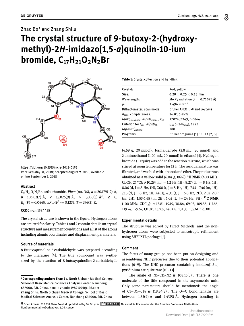 Pdf The Crystal Structure Of 9 Butoxy 2 Hydroxymethyl 2h Imidazo 1 5 A Quinolin 10 Ium Bromide C17h21o2n2br