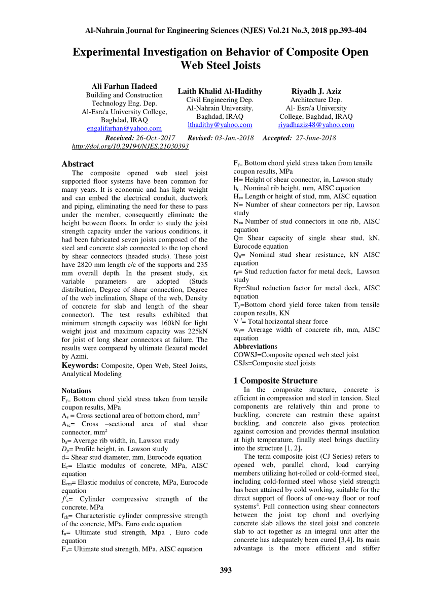 PDF) Experimental Investigation on Behavior of Composite Open Web Steel  Joists