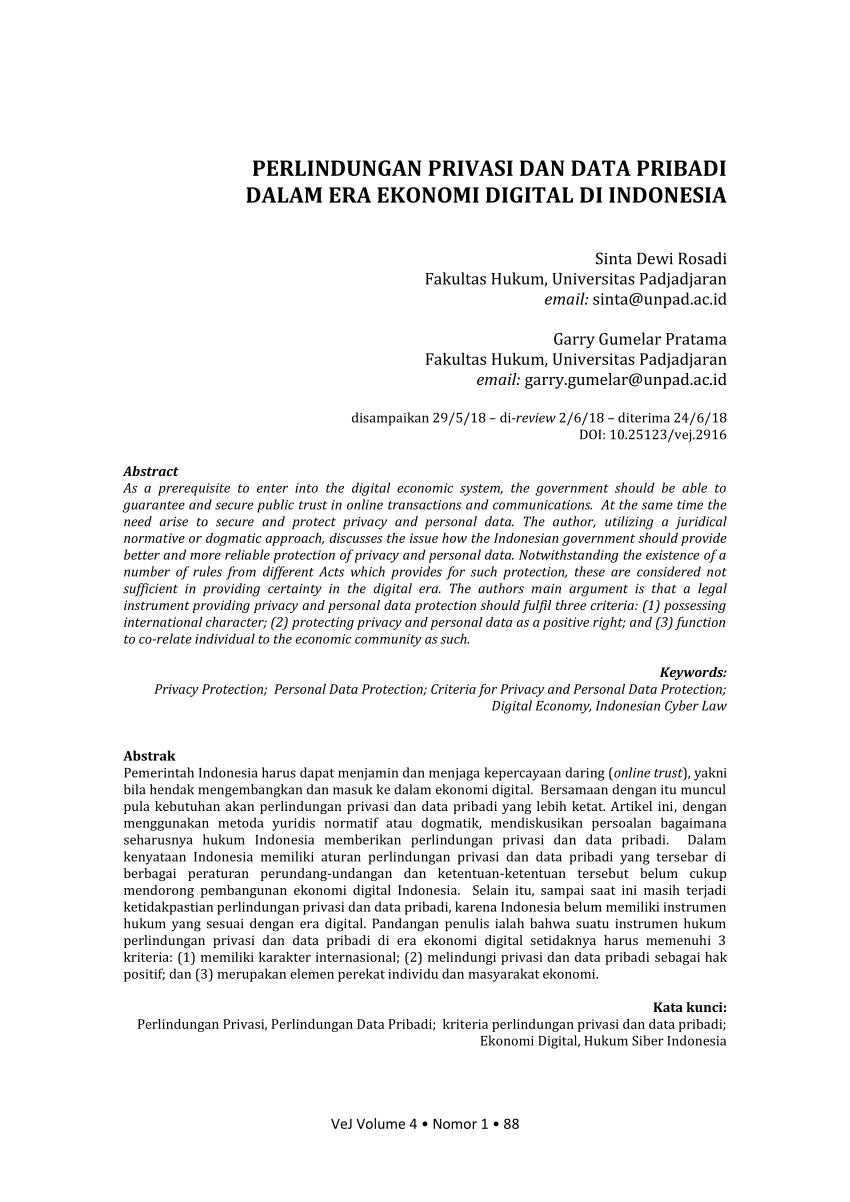 Pdf Urgensi Perlindungandata Privasidalam Era Ekonomi Digital Di Indonesia