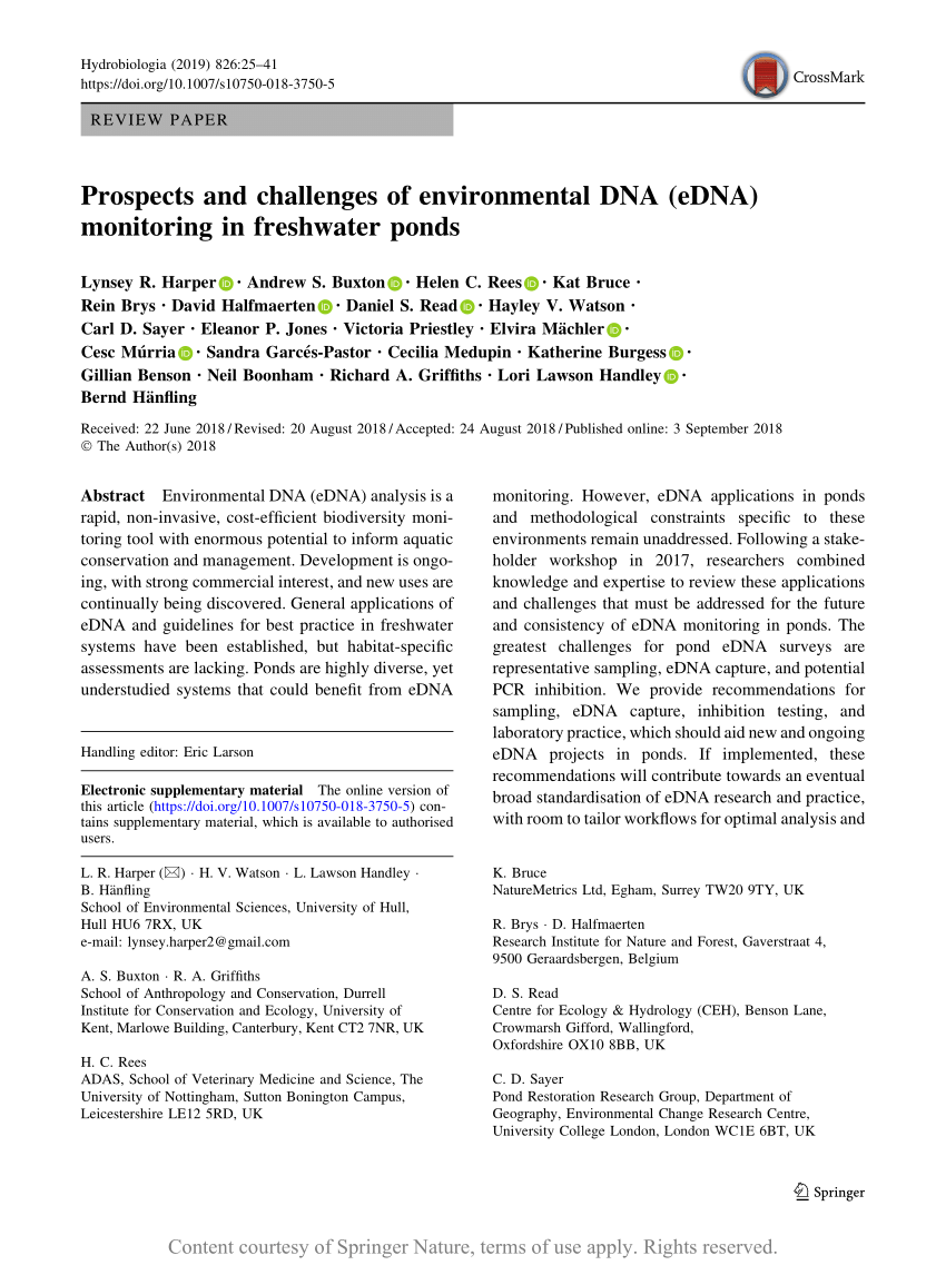 Pdf Prospects And Challenges Of Environmental Dna Edna Monitoring In Freshwater Ponds