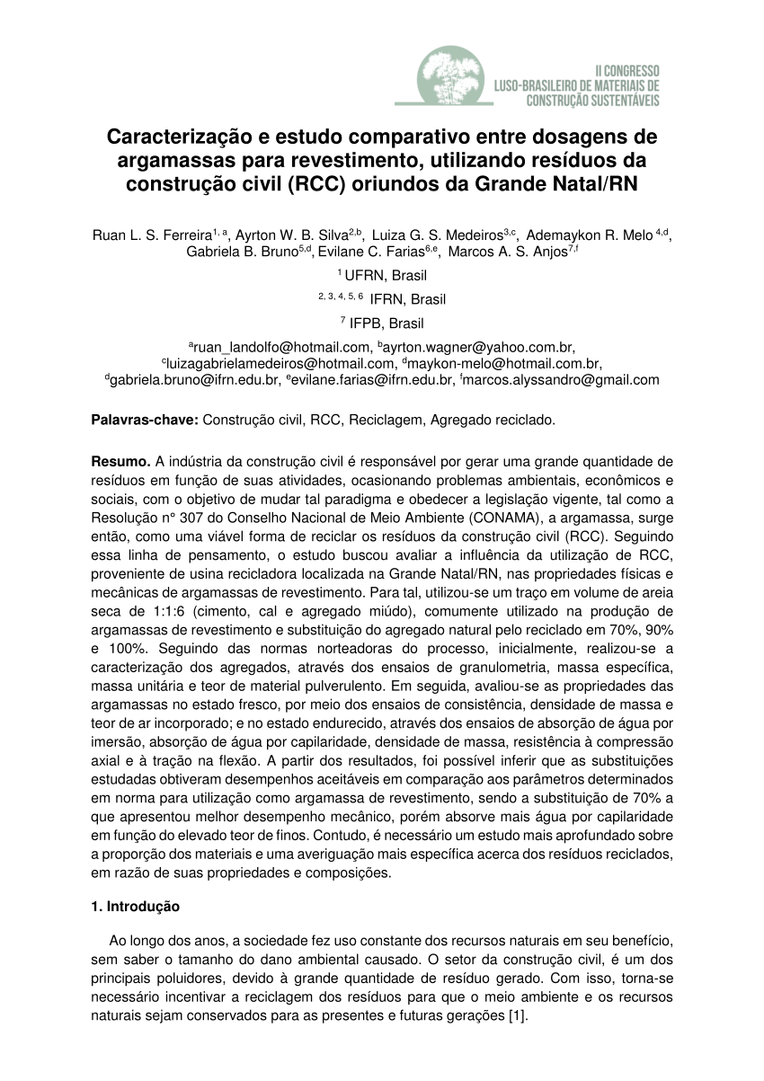 PDF) Caracterização e estudo comparativo entre dosagens de argamassas para  revestimento, utilizando resíduos da construção civil (RCC) oriundos da  Grande Natal/RN