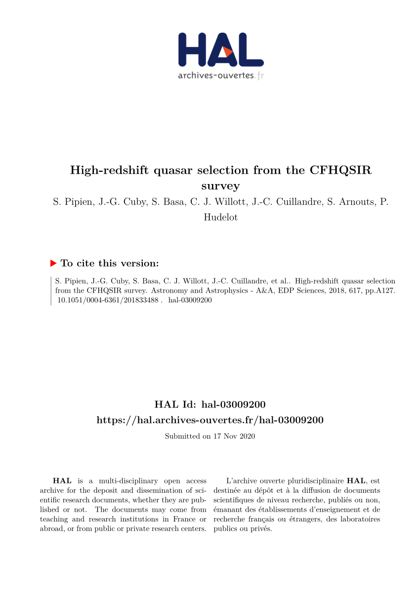 Pdf High Redshift Quasar Selection From The Cfhqsir Survey