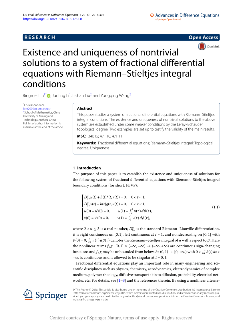 Pdf Existence And Uniqueness Of Nontrivial Solutions To A System Of Fractional Differential Equations With Riemann Stieltjes Integral Conditions