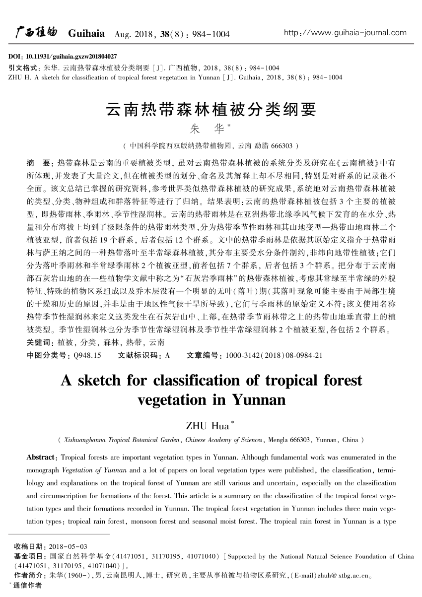 PDF) A sketch of the classification of the tropical forest vegetation in  Yunnan