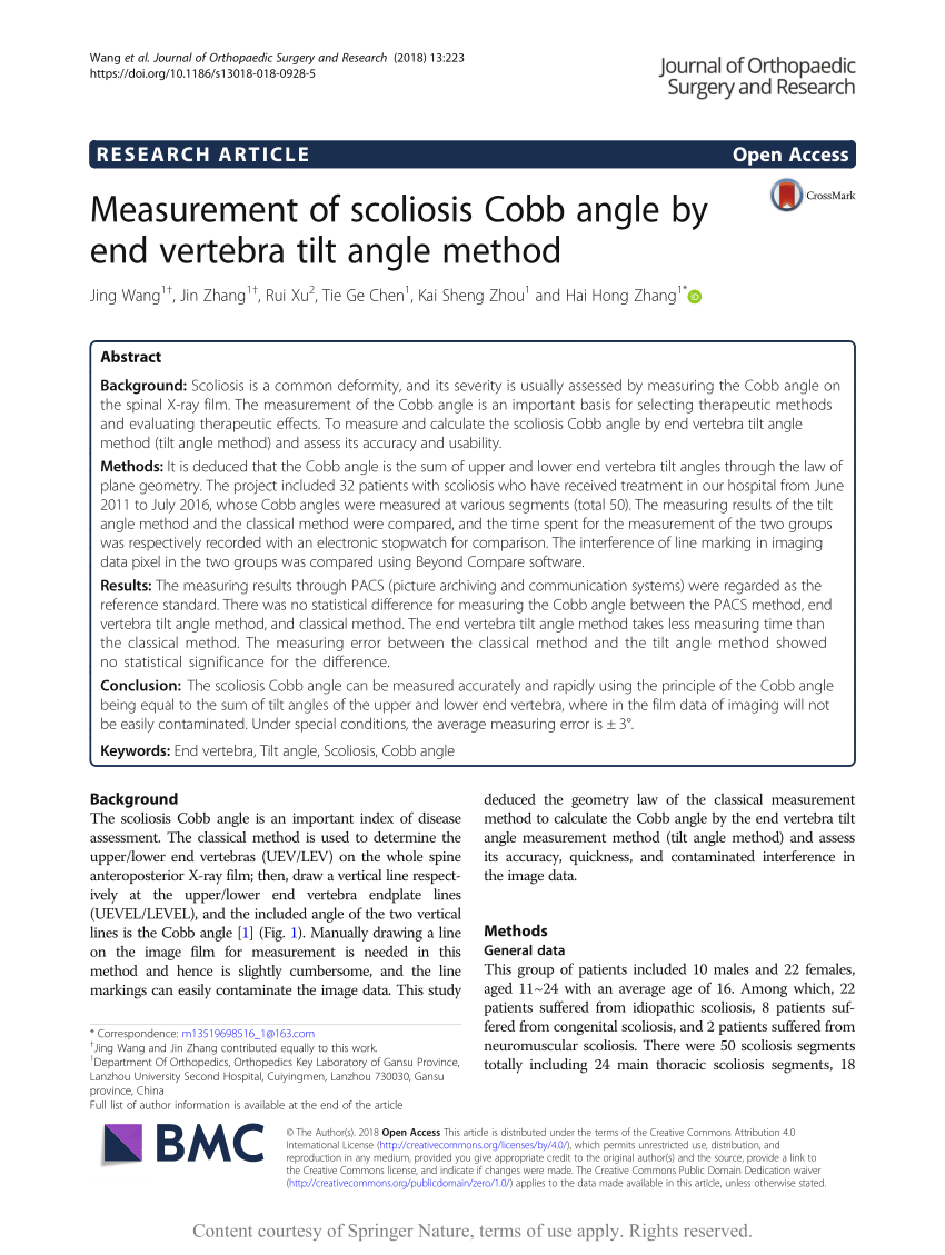 Pdf Measurement Of Scoliosis Cobb Angle By End Vertebra Tilt Angle Method