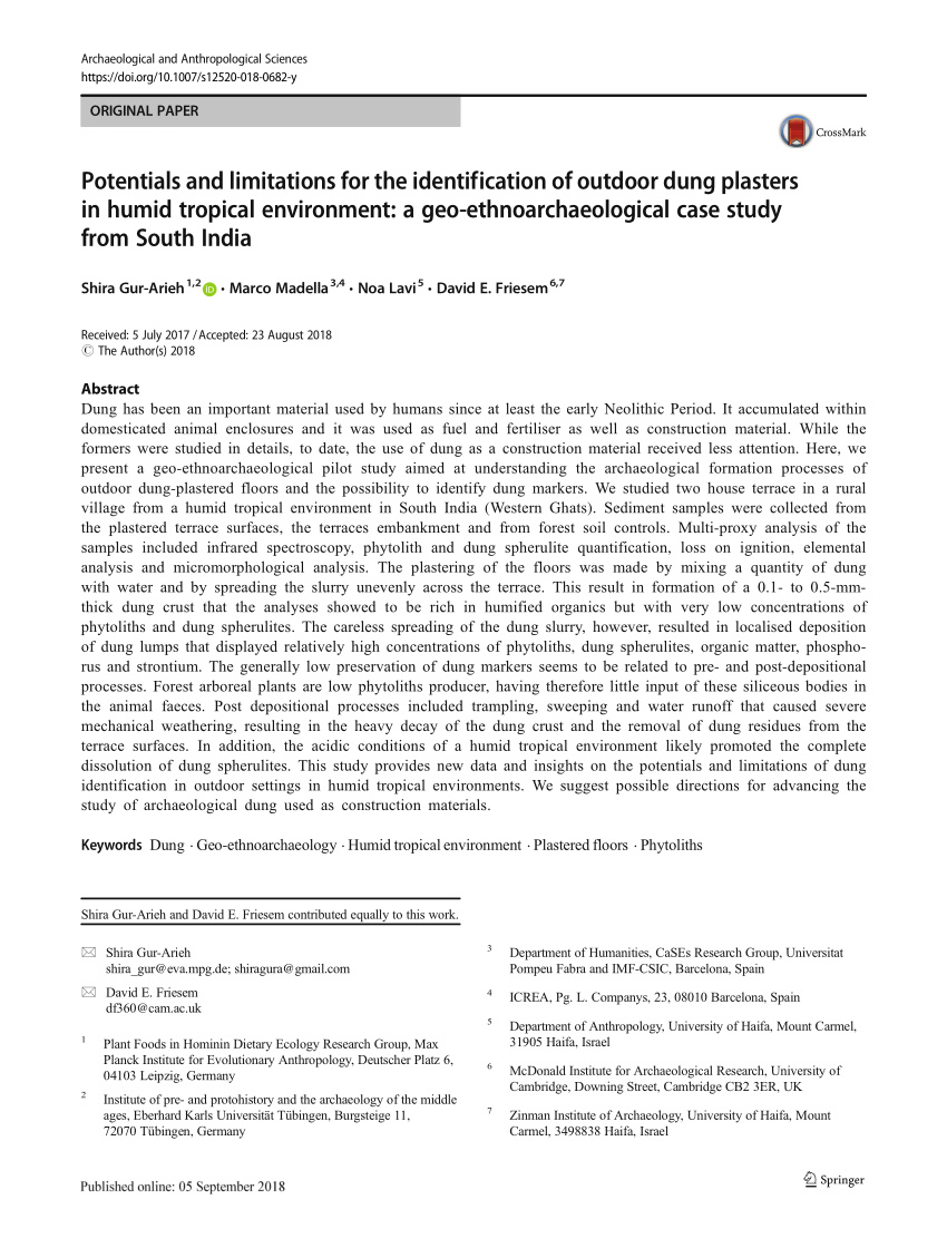 Pdf Potentials And Limitations For The Identification Of Outdoor Dung Plasters In Humid Tropical Environment A Geo Ethnoarchaeological Case Study From South India