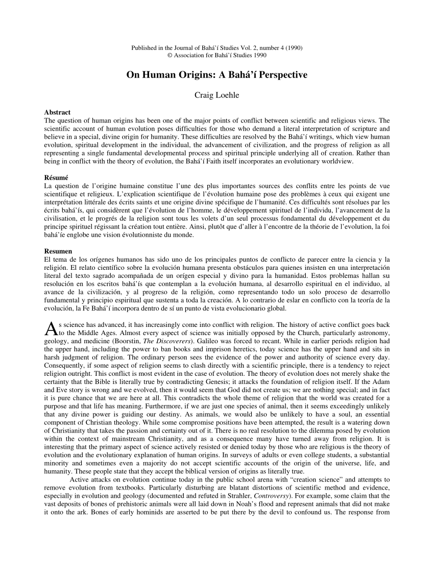 Pdf On Human Origins A Baha I Perspective