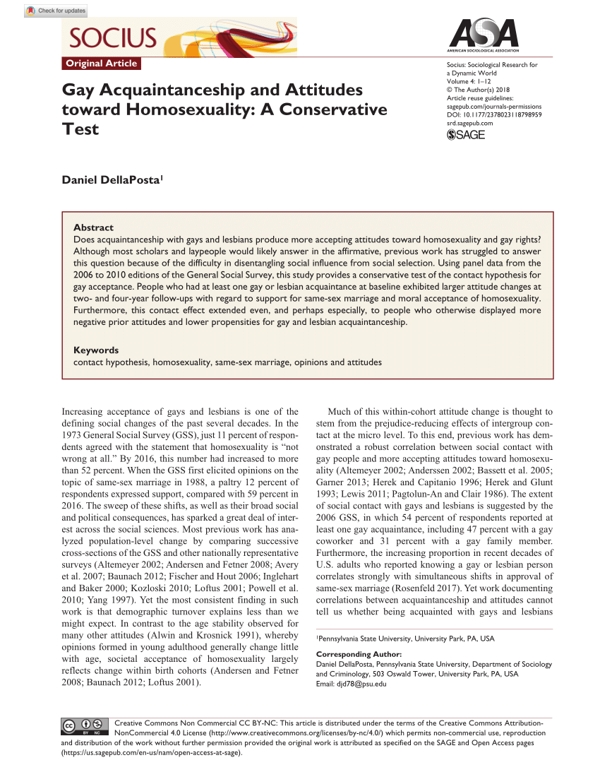 PDF) Gay Acquaintanceship and Attitudes toward Homosexuality: A  Conservative Test