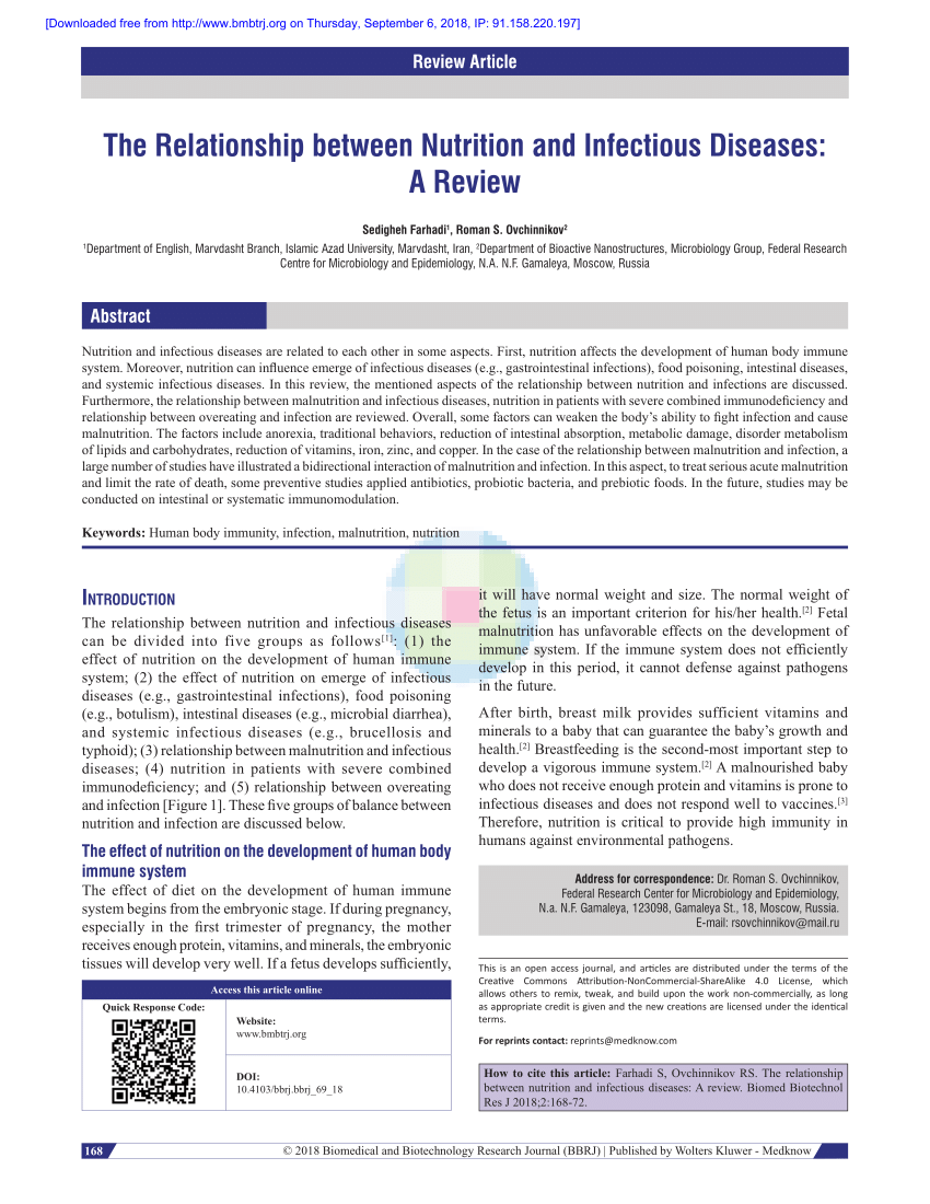 Pdf The Relationship Between Nutrition And Infectious Diseases A Review