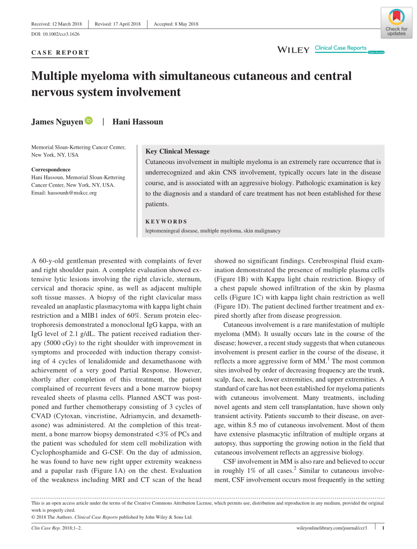 Pdf Multiple Myeloma With Simultaneous Cutaneous And Central Nervous System Involvement 