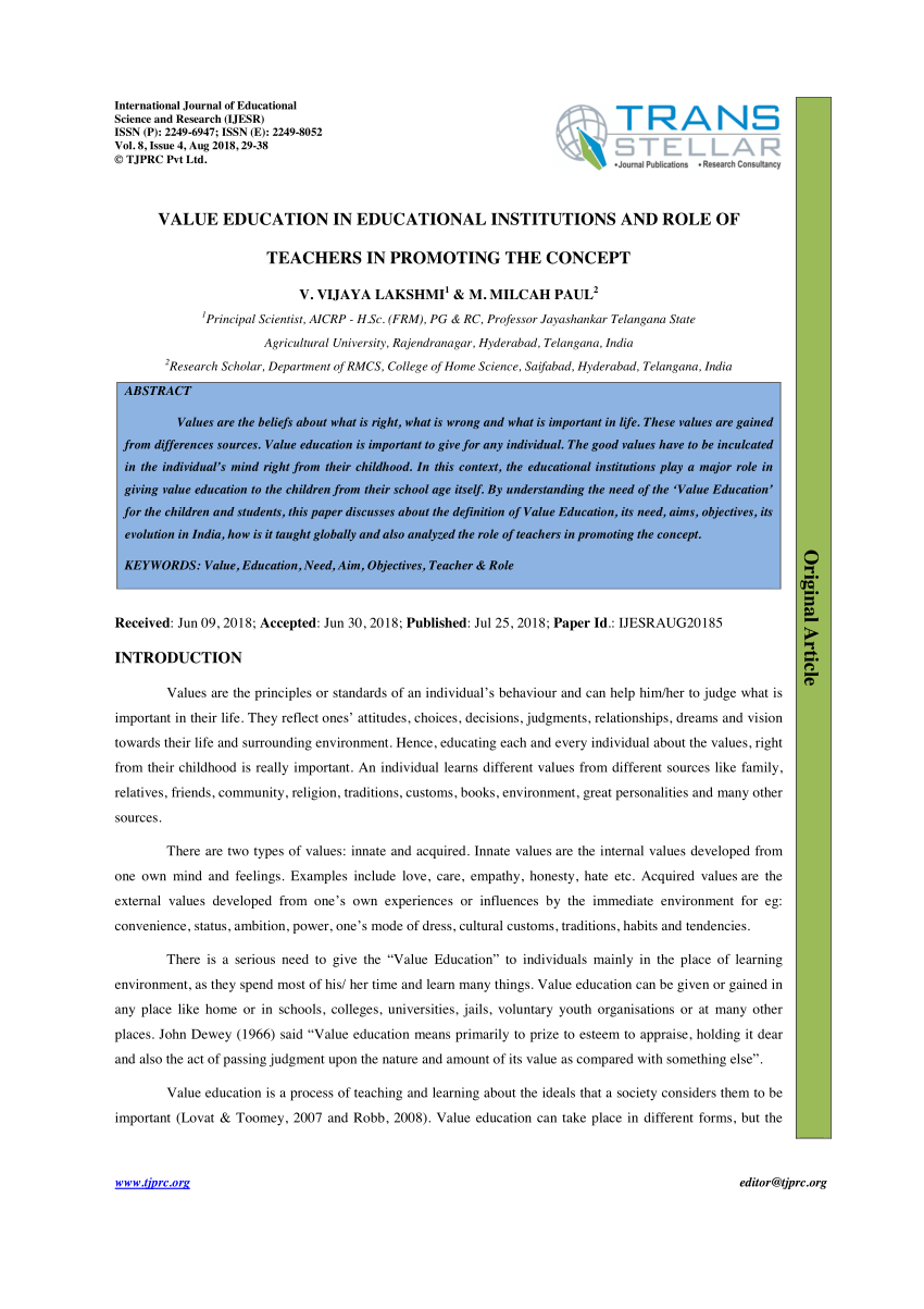 research paper on value education pdf