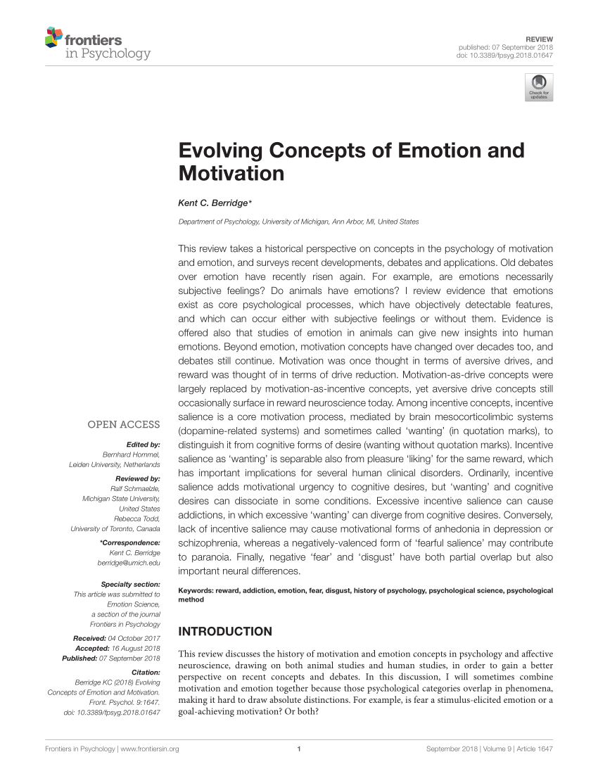 Pdf Evolving Concepts Of Emotion And Motivation