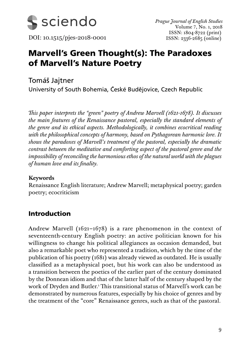 Pdf Marvell S Green Thought S The Paradoxes Of Marvell S Nature