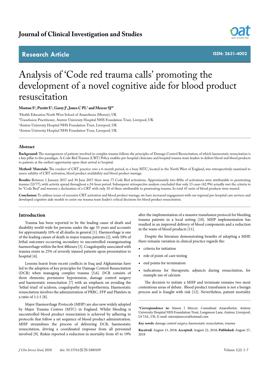 Pdf Analysis Of Code Red Trauma Calls Promoting The Development Of A Novel Cognitive Aide For Blood Product Resuscitation