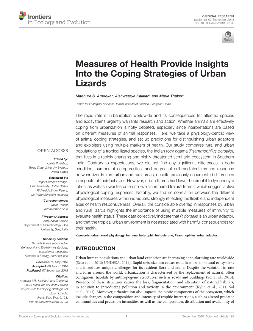 Pdf Measures Of Health Provide Insights Into The Coping Strategies Of Urban Lizards 